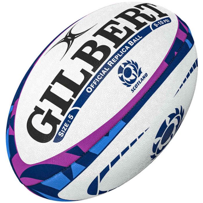 Mini ballon rugby Gilbert Ecosse SRU ellipses bleues violettes fond blanc