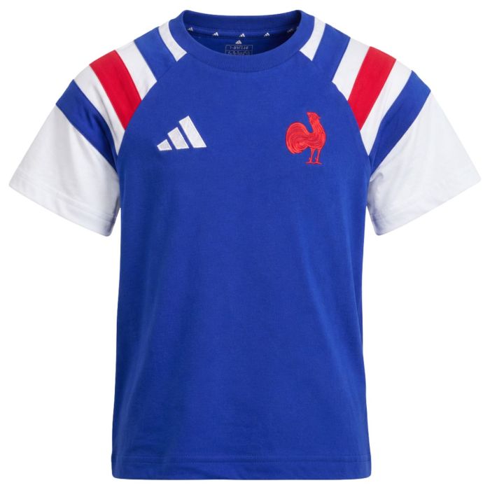 T-shirt rugby France Travel Adidas bleu enfant coq brodé vue face