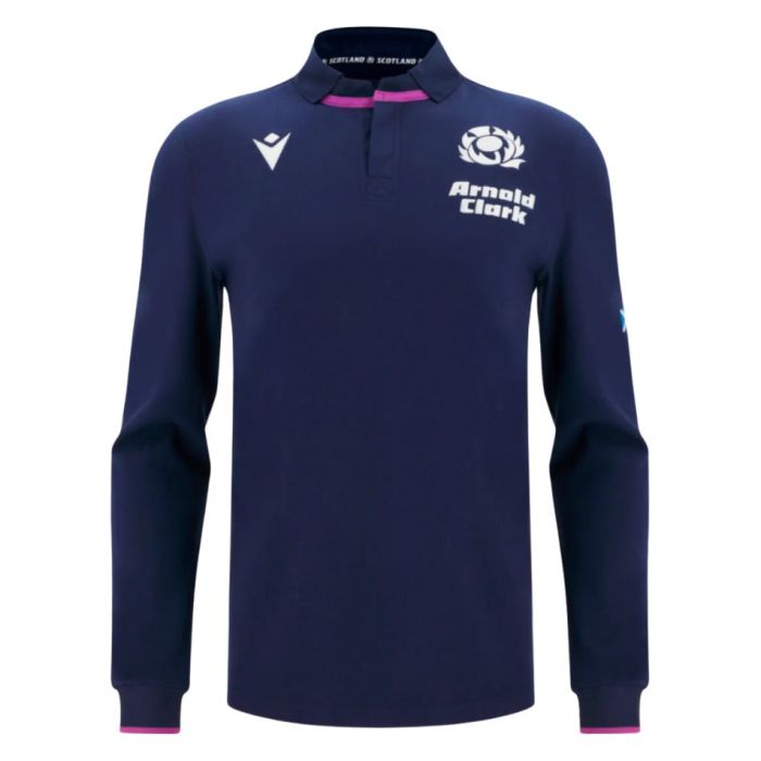 Maillot rugby manches longues Écosse 2025 Macron bleu marine col polo