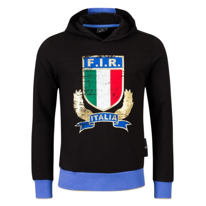 Sweat capuche rugby Italie noir écusson brodé Macron face