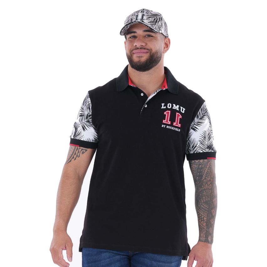 Polo noir à manches courtes motif palmes Jonah Lomu - Ruckfield