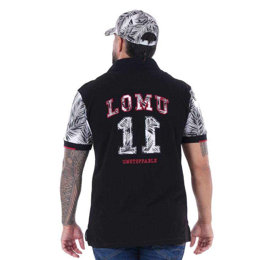 Polo noir à manches courtes motif palmes Jonah Lomu - Ruckfield
