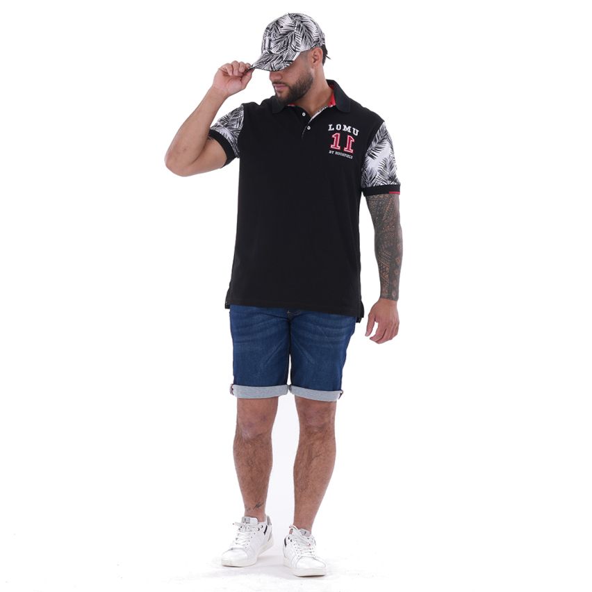 Polo noir à manches courtes motif palmes Jonah Lomu - Ruckfield
