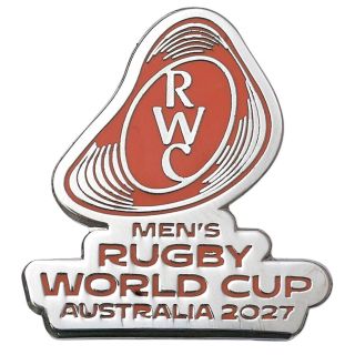 Pin's argent&eacute; Rugby World Cup Australia 2027 logo RWC orange relief chrom&eacute;