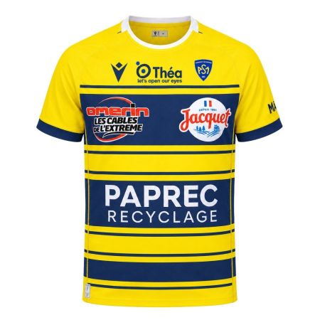 Maillot rugby ASM Clermont enfant jaune bleu marine face Macron