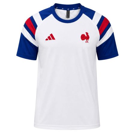 T-shirt rugby France femme blanc Adidas empiècements bleu roi liseré tricolore