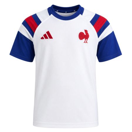 Tee-shirt rugby France enfant Adidas blanc bleu roi tricolore face