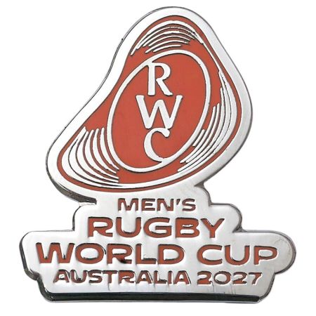 Pin's argenté Rugby World Cup Australia 2027 logo RWC orange relief chromé