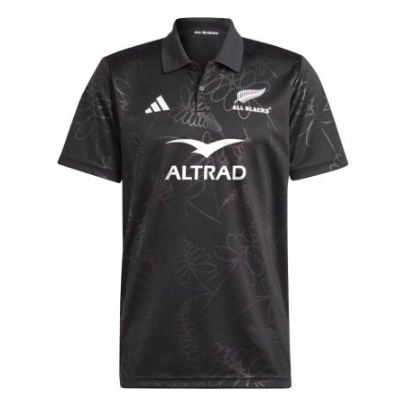 Polo All Blacks noir adidas motif fougère française à plat