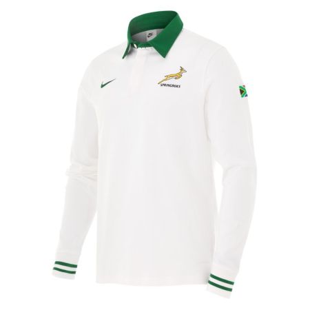 Polo rugby Springboks Nike blanc manches longues vue face écusson brodé