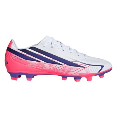Vue latérale chaussure rugby adidas F50 Hyperfast blanc rose violet