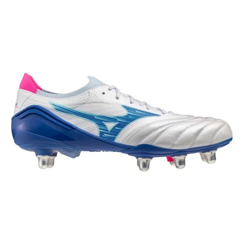 Chaussures Rugby Morelia Neo IV B Elite SI Rugby Vissée Terrain Gras Blanc et Bleu - Mizuno