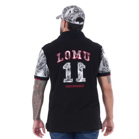 Polo noir à manches courtes motif palmes Jonah Lomu - Ruckfield