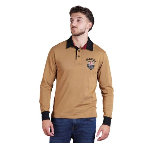 Polo Rugby manches longues Maori Rugby Beige foncé - Ruckfield